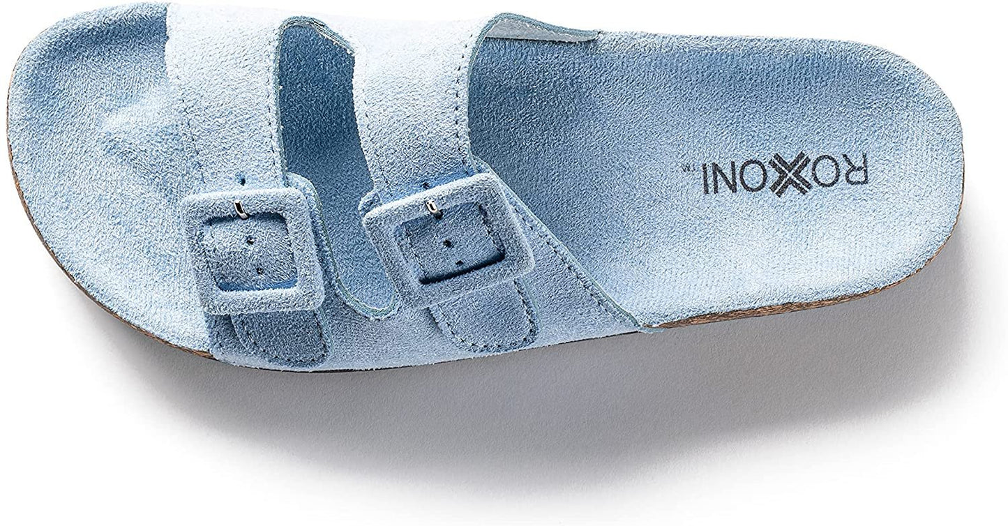 Roxoni Women Comfort Sandals Double Buckle Adjustable EVA Flat Slides Footbed Suede with Arch Support Non-Slip