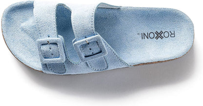 Roxoni Women Comfort Sandals Double Buckle Adjustable EVA Flat Slides Footbed Suede with Arch Support Non-Slip