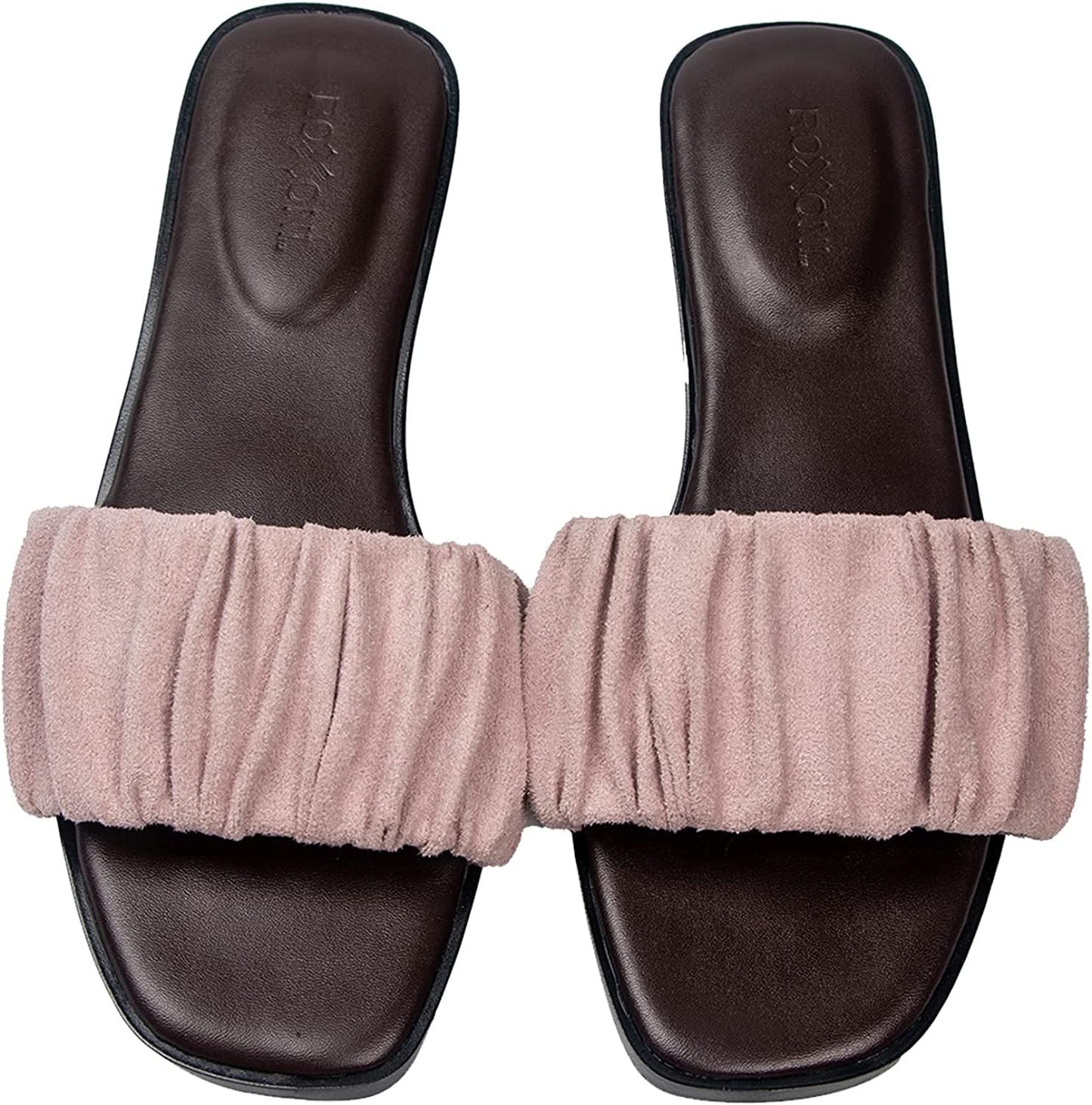 Women’s Ruched Fabric Slide Sandals Open Toe Flat Sandals with Heel Cushion
