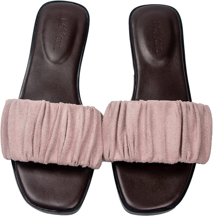 Women’s Ruched Fabric Slide Sandals Open Toe Flat Sandals with Heel Cushion
