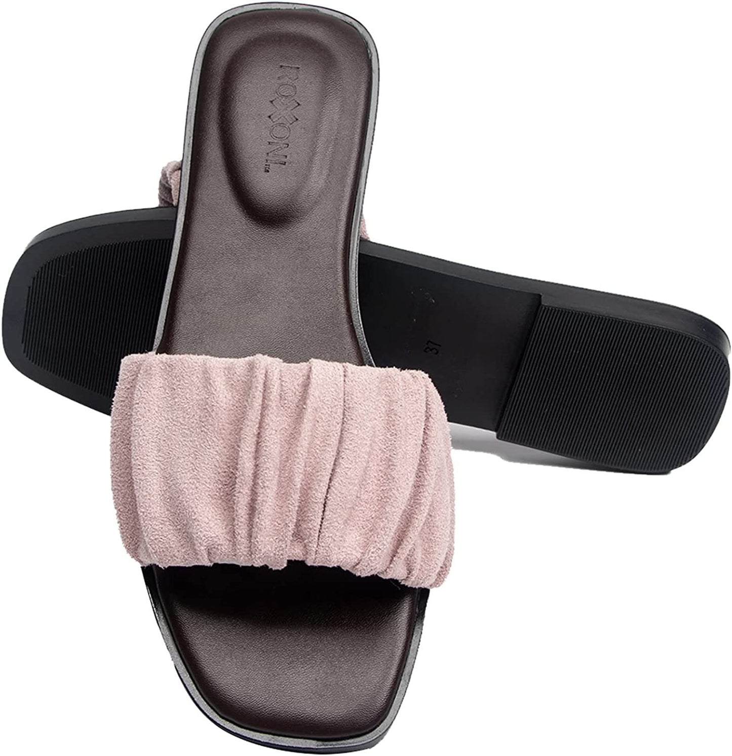 Women’s Ruched Fabric Slide Sandals Open Toe Flat Sandals with Heel Cushion