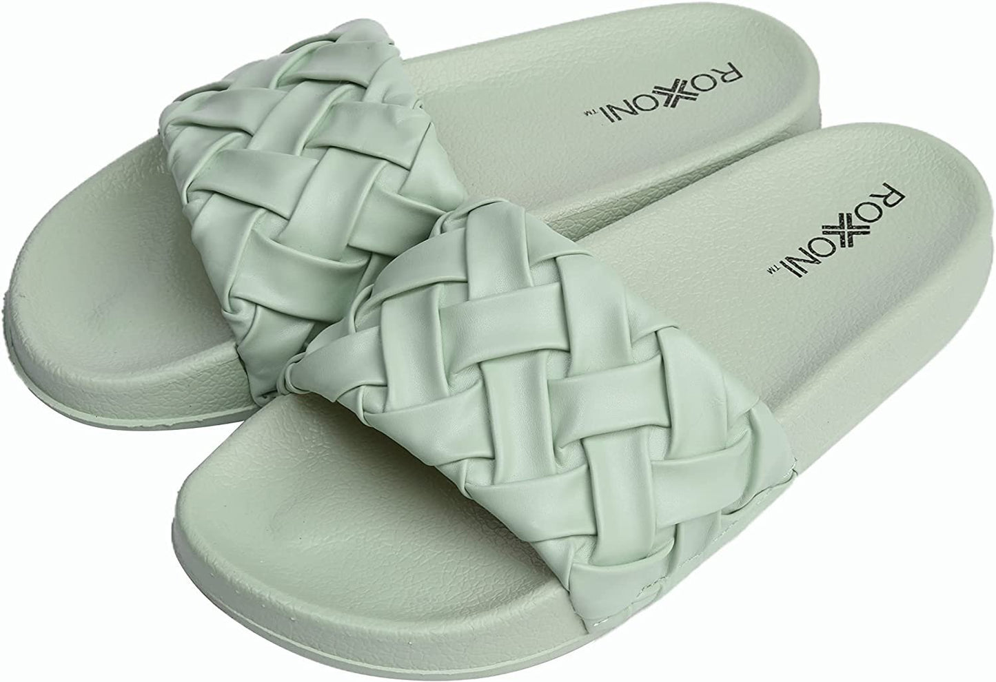 Roxoni Faux Leather Slides – Trendy Slides for Women – Superior Comfort & Unmatched Luxury – Stylish Braided Strap Pattern – Durable Faux Leather – Classic Colors Beige