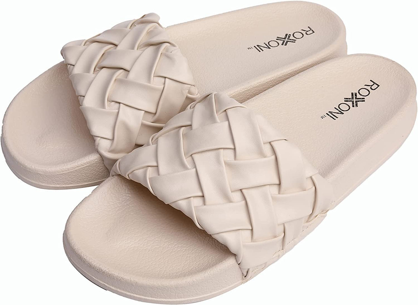 Roxoni Faux Leather Slides – Trendy Slides for Women – Superior Comfort & Unmatched Luxury – Stylish Braided Strap Pattern – Durable Faux Leather – Classic Colors Beige