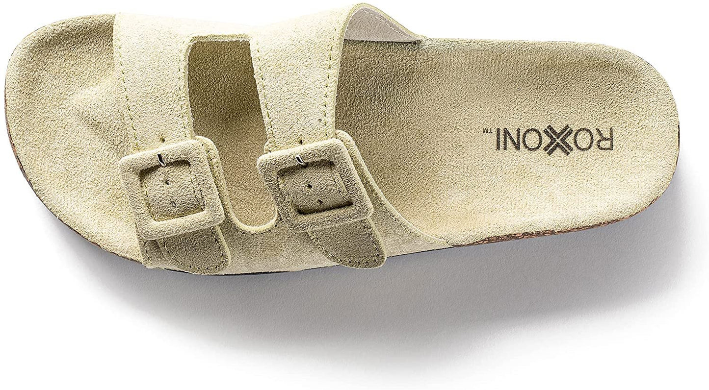 Roxoni Women Comfort Sandals Double Buckle Adjustable EVA Flat Slides Footbed Suede with Arch Support Non-Slip
