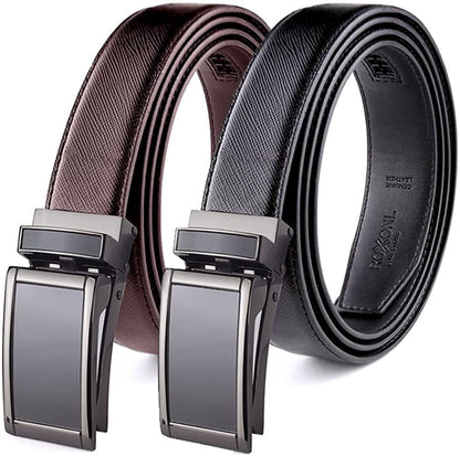 ROXONI Men's 2 Pack Ultra Soft Geniune Leather Ratchet Dress Belt with Automatic Buckle, Enclosed in an Elegant Gift Box