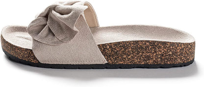 Roxoni Women Comfort Sandals Ribbon Bow Top EVA Flat Slides Footbed Suede with Arch Support Non-Slip