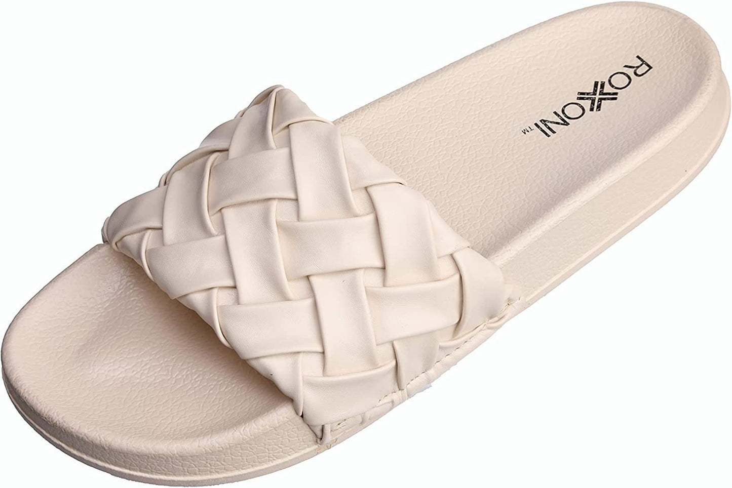 Roxoni Faux Leather Slides – Trendy Slides for Women – Superior Comfort & Unmatched Luxury – Stylish Braided Strap Pattern – Durable Faux Leather – Classic Colors Beige