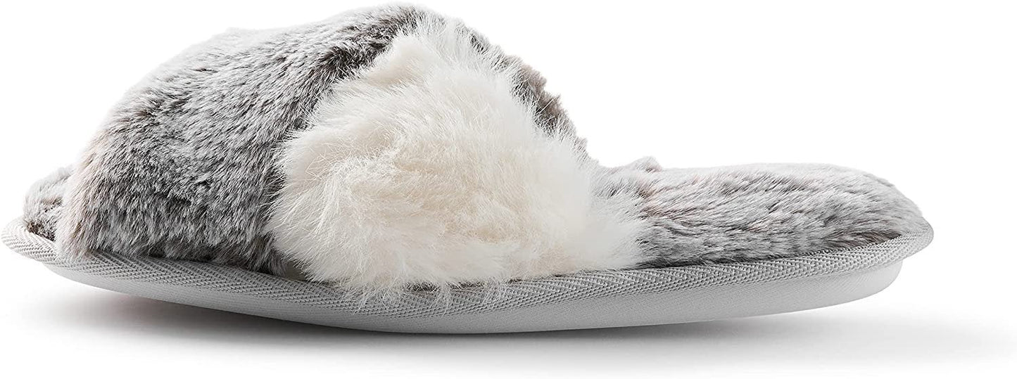 Roxoni Women's Cross Band Real Fur Slipper 2 Tone Color Cozy Warm Comfy Slip On Breathable Open Toe Anti-Skid Rubber Sole