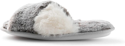 Roxoni Women's Cross Band Real Fur Slipper 2 Tone Color Cozy Warm Comfy Slip On Breathable Open Toe Anti-Skid Rubber Sole