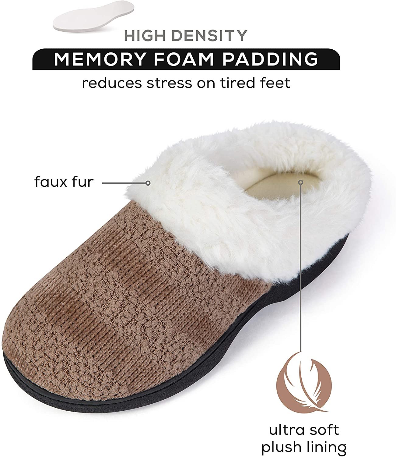 Roxoni Women’s Cozy Memory Foam Slippers, Fuzzy Warm Faux Fur, Indoor Outdoor Rubber Sole Beige