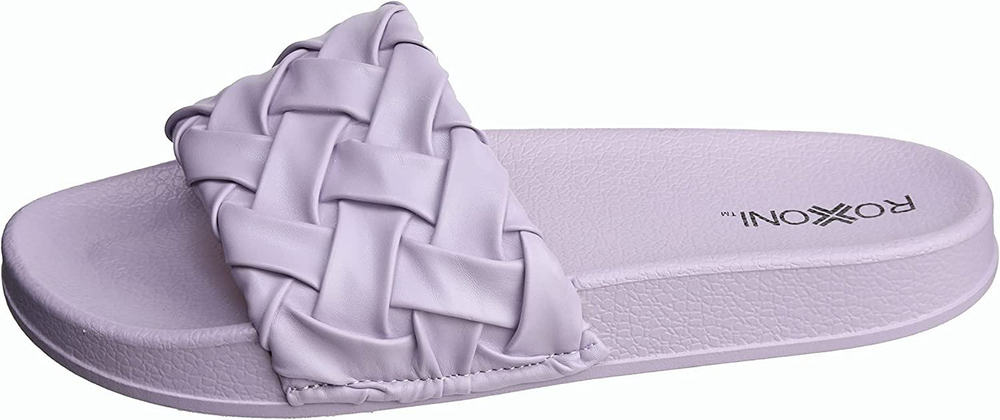 Roxoni Faux Leather Slides – Trendy Slides for Women – Superior Comfort & Unmatched Luxury – Stylish Braided Strap Pattern – Durable Faux Leather – Classic Colors Beige