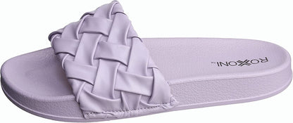 Roxoni Faux Leather Slides – Trendy Slides for Women – Superior Comfort & Unmatched Luxury – Stylish Braided Strap Pattern – Durable Faux Leather – Classic Colors Beige