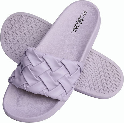 Roxoni Faux Leather Slides – Trendy Slides for Women – Superior Comfort & Unmatched Luxury – Stylish Braided Strap Pattern – Durable Faux Leather – Classic Colors Beige