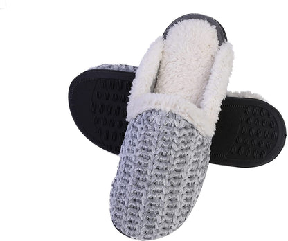 Roxoni Memory Foam Slippers for Women - Fuzzy Cozy Indoor/Outdoor Slides - Fluffy Slip On Shoes Womens House Slippers with Plush Heels and Anti-Skid Rubber Sole