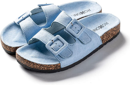 Roxoni Women Comfort Sandals Double Buckle Adjustable EVA Flat Slides Footbed Suede with Arch Support Non-Slip