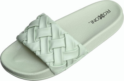 Roxoni Faux Leather Slides – Trendy Slides for Women – Superior Comfort & Unmatched Luxury – Stylish Braided Strap Pattern – Durable Faux Leather – Classic Colors Beige