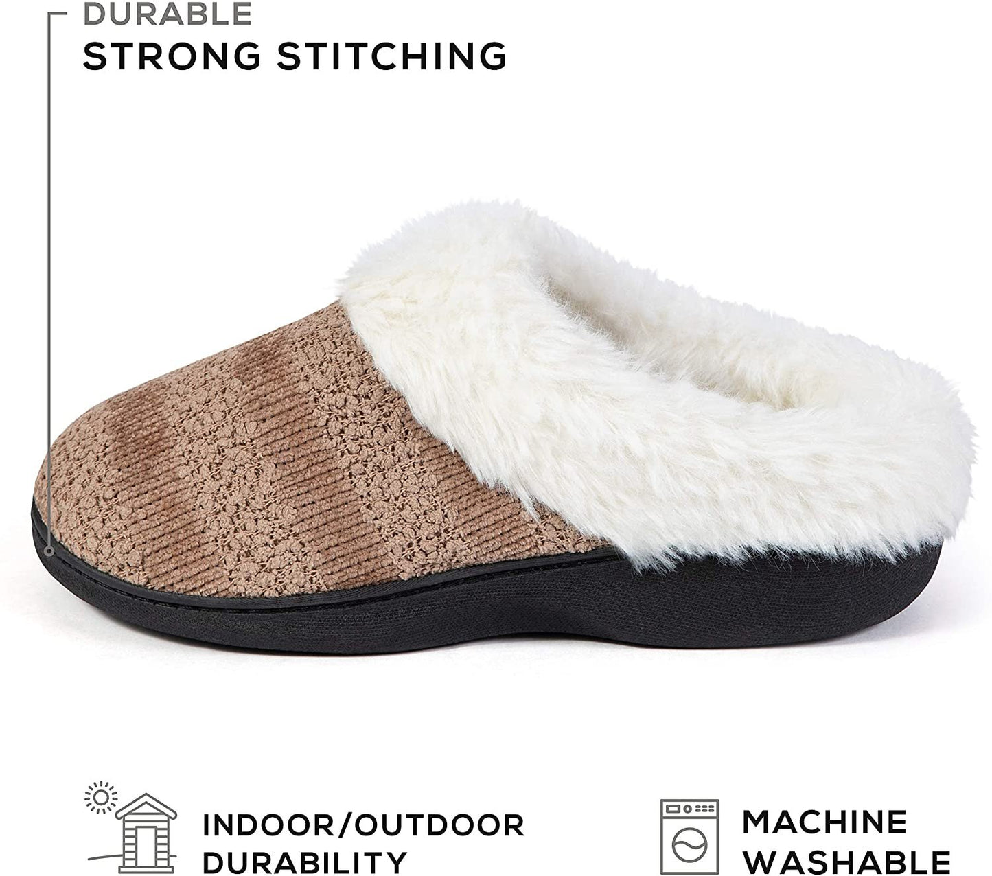 Roxoni Women’s Cozy Memory Foam Slippers, Fuzzy Warm Faux Fur, Indoor Outdoor Rubber Sole Beige