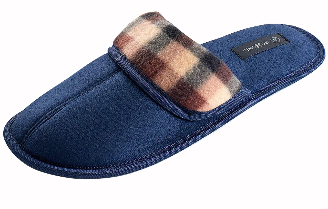 Roxoni Men's Soft Slipper With Plaid Trim Outdoor/Indoor