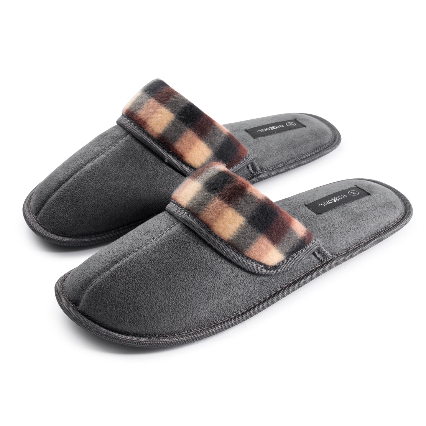 Roxoni Men's Soft Slipper With Plaid Trim Outdoor/Indoor