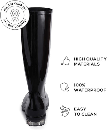 Women's Black Rubber Rain Boots 16" with Clear Sole