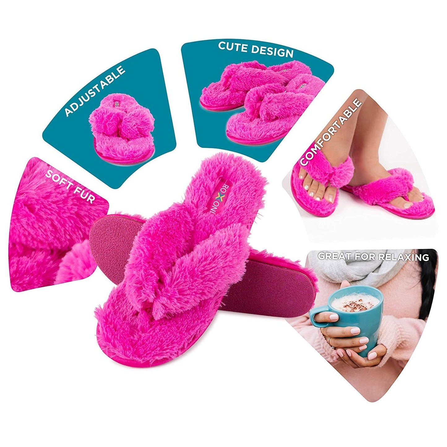 Roxoni Fuzzy House Slippers for Women – Comfortable Furry Spa Thongs – Cozy Slip On Flip Flops - Soft Insole & Rubber Outsole