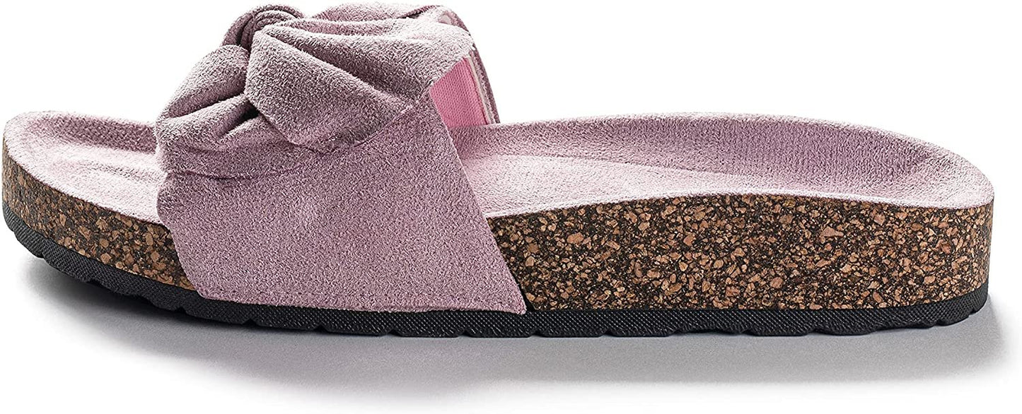 Roxoni Women Sandal Ribbon Bow Top EVA Flat Slide Footbed Suede with Arch Support Non-Slip