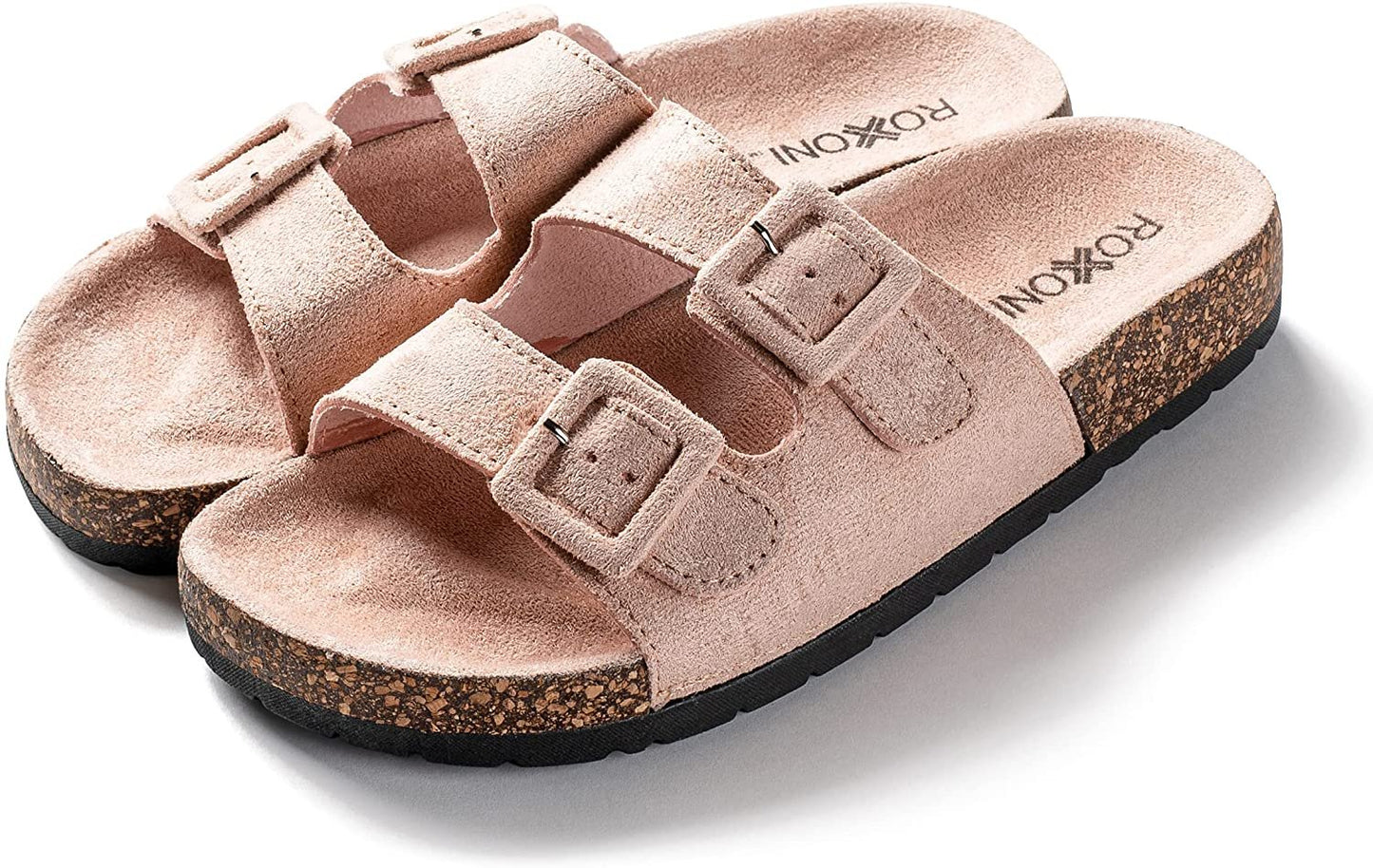 Roxoni Women Comfort Sandals Double Buckle Adjustable EVA Flat Slides Footbed Suede