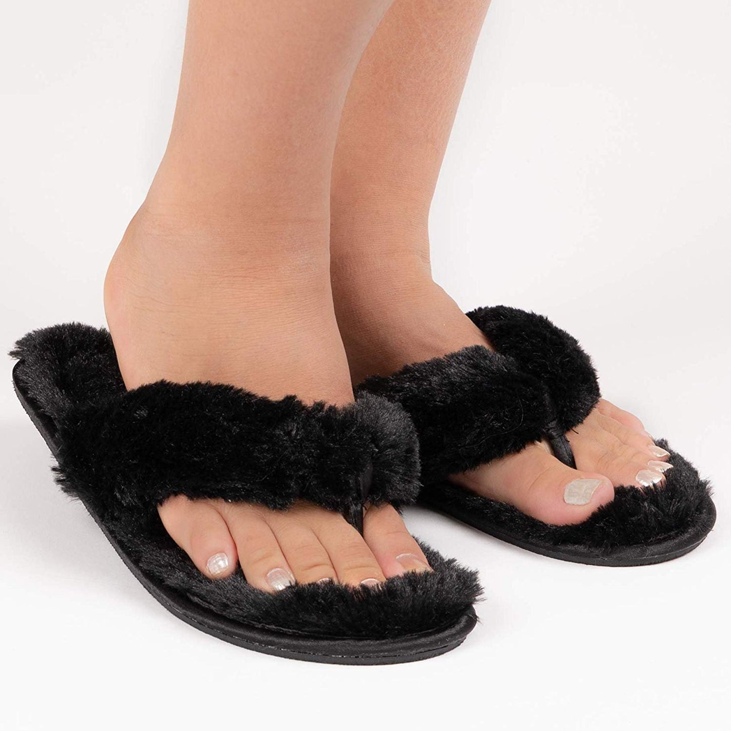 Roxoni Fuzzy House Slippers for Women – Comfortable Furry Spa Thongs – Cozy Slip On Flip Flops - Soft Insole & Rubber Outsole