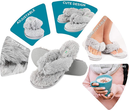 Roxoni Fuzzy House Slippers for Women – Comfortable Furry Spa Thongs – Cozy Slip On Flip Flops - Soft Insole & Rubber Outsole