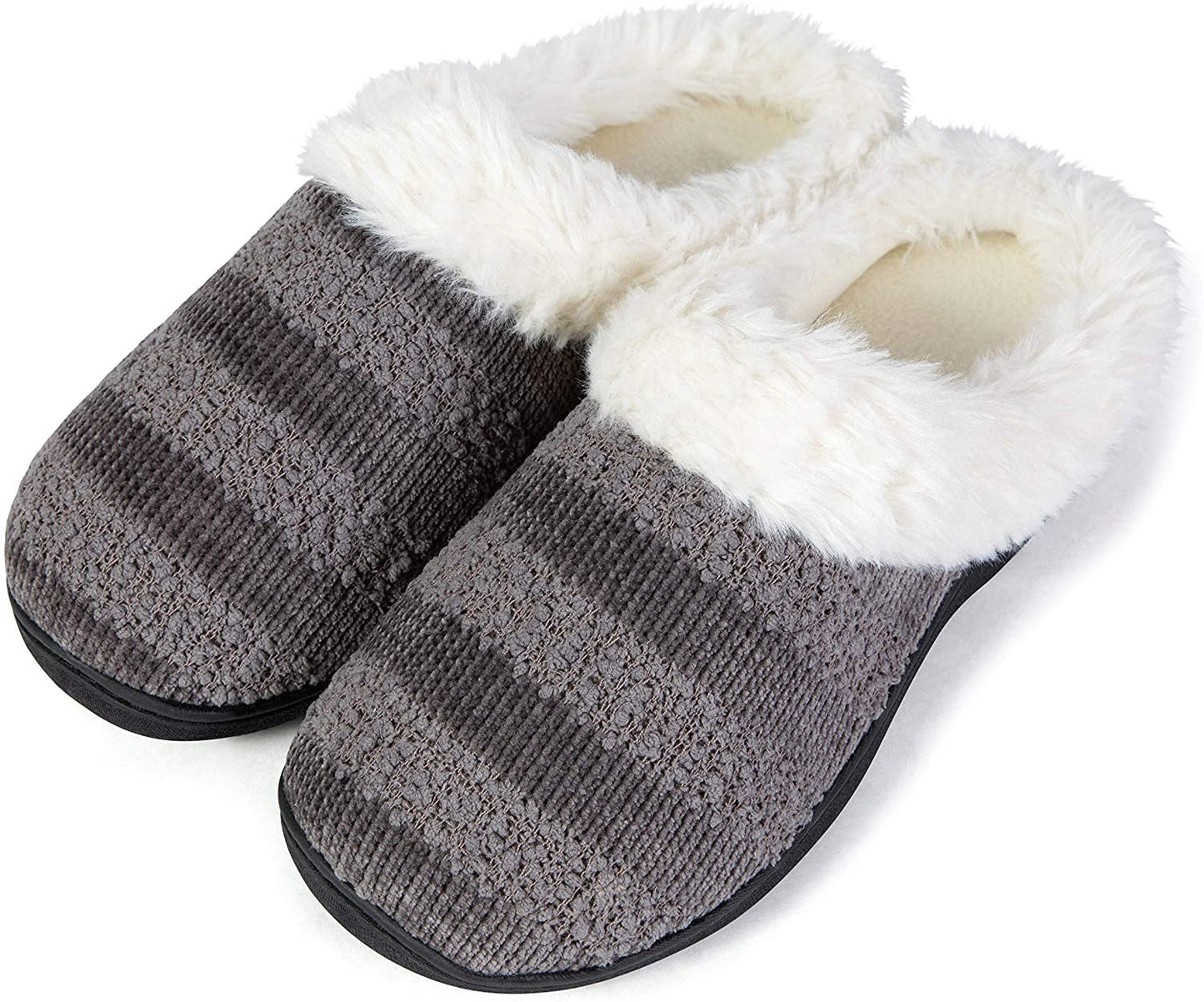 Roxoni Women’s Cozy Memory Foam Slippers, Warm Faux Fur, Indoor Outdoor Rubber Sole