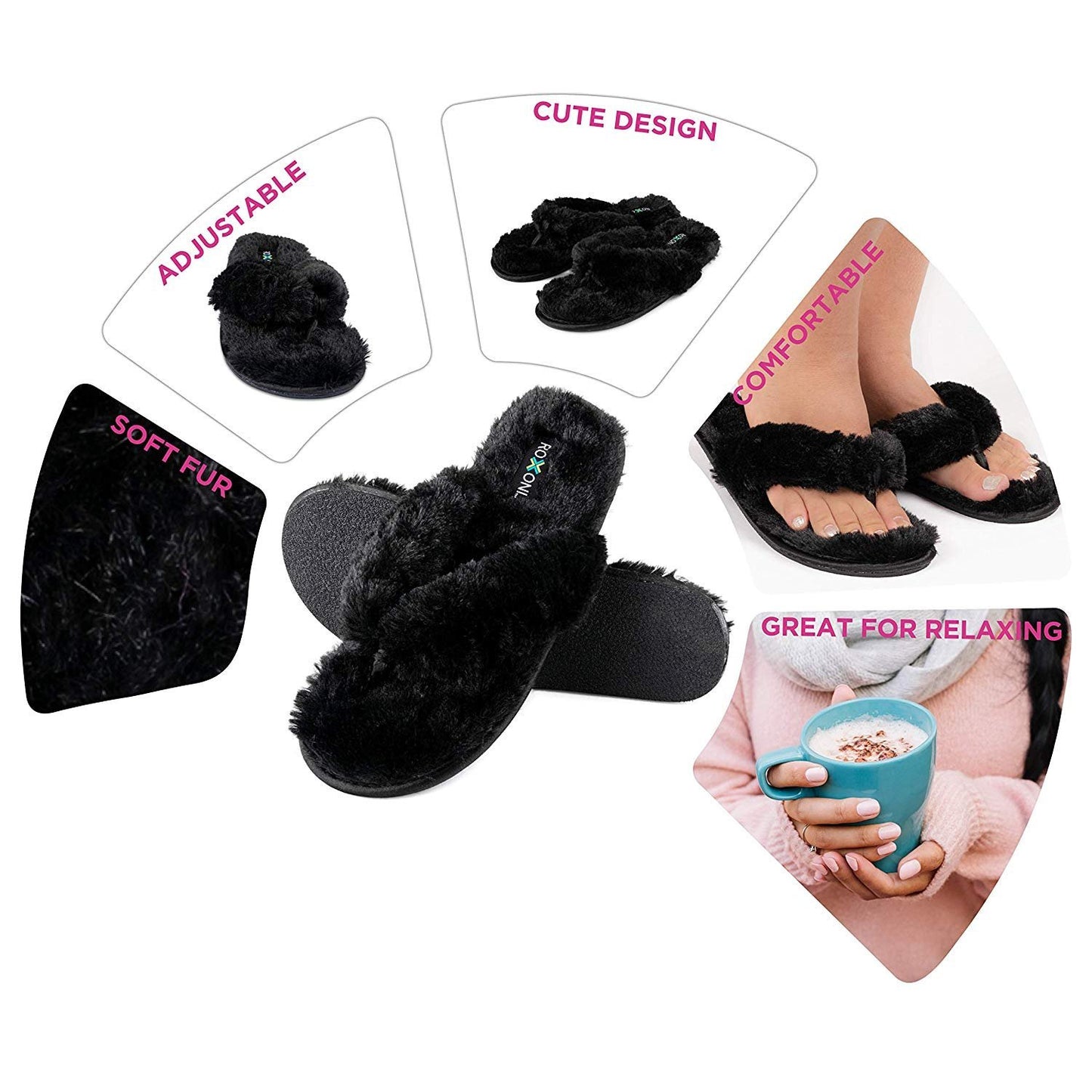 Roxoni Fuzzy House Slippers for Women – Comfortable Furry Spa Thongs – Cozy Slip On Flip Flops - Soft Insole & Rubber Outsole