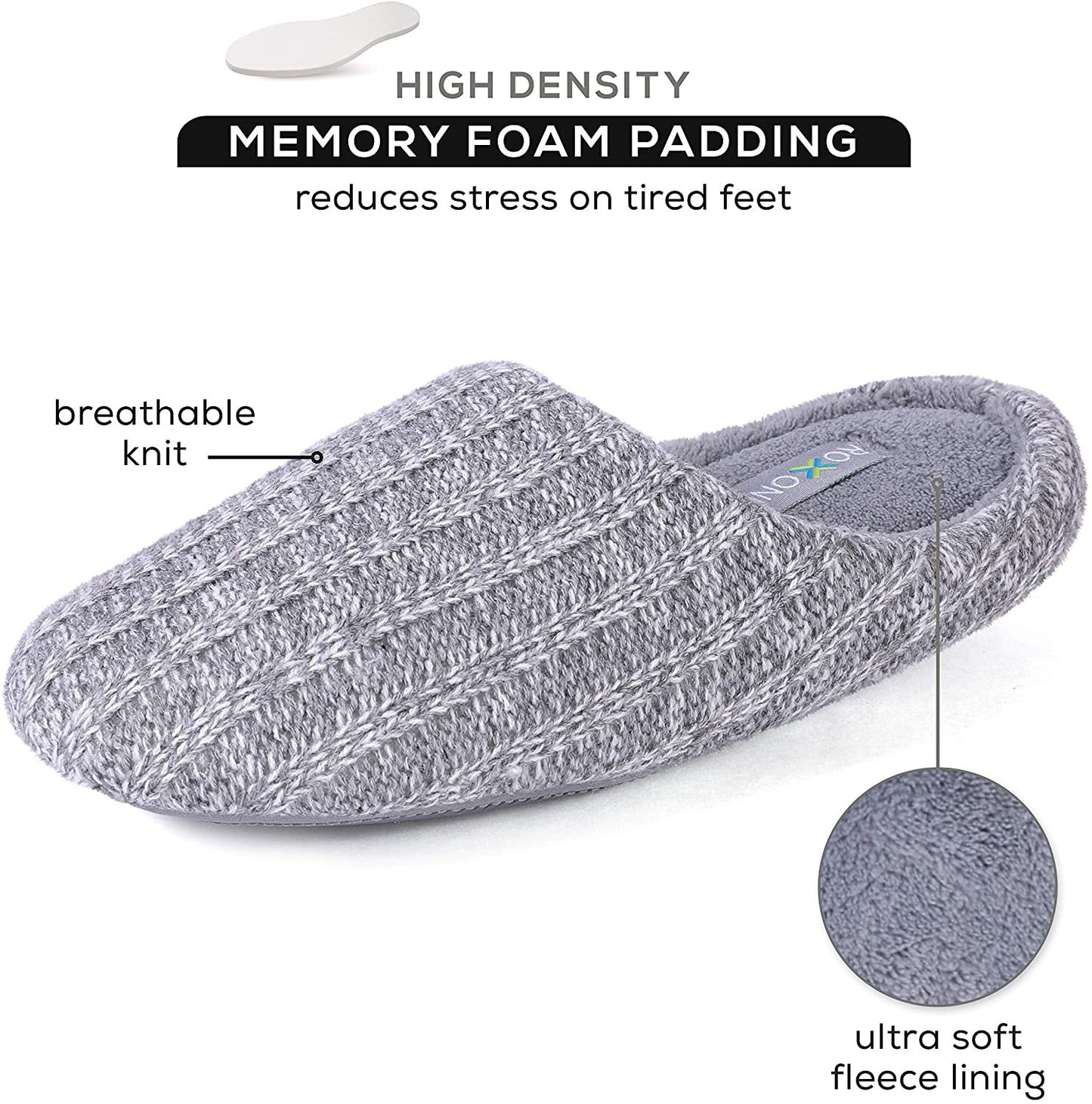 Roxoni Women’s Cozy Knit Memory Foam Slippers, Fleece Lined, Indoor Outdoor Rubber Sole