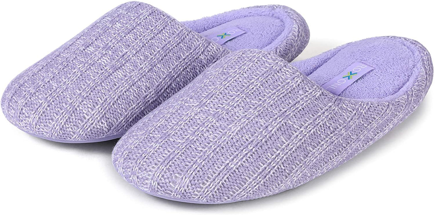 Roxoni Women’s Cozy Knit Memory Foam Slippers, Fleece Lined, Indoor Outdoor Rubber Sole