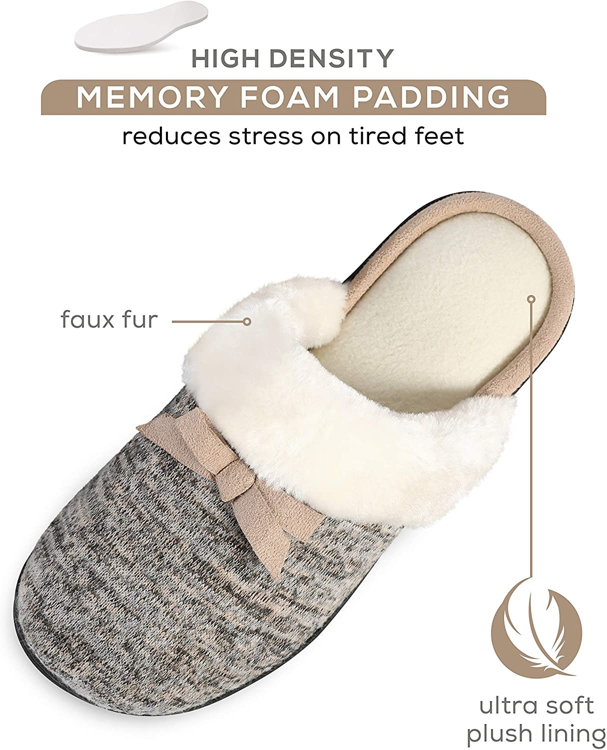 Roxoni Women’s Cozy Memory Foam Slippers, Fuzzy Warm Faux Fur, Anti-Skid Rubber Sole