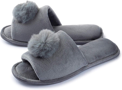 Roxoni Women’s Slippers Lovely Velvet Pom-pom Open Toe House Slides